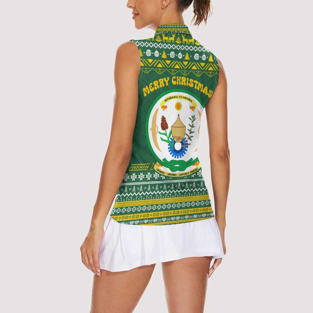 Rwanda Christmas Women Sleeveless Polo Shirt with Green-Yellow Pattern, National Emblem, and Radiant Sun Motif - Wonder Print Shop