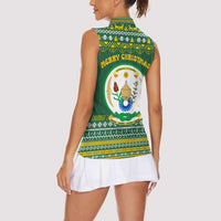 Rwanda Christmas Women Sleeveless Polo Shirt with Green-Yellow Pattern, National Emblem, and Radiant Sun Motif - Wonder Print Shop