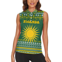 Rwanda Christmas Women Sleeveless Polo Shirt with Green-Yellow Pattern, National Emblem, and Radiant Sun Motif - Wonder Print Shop