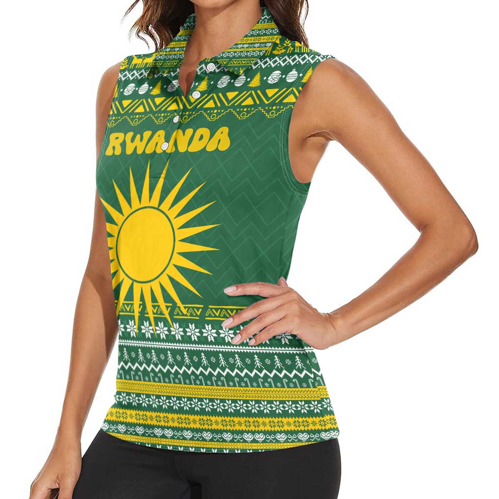Rwanda Christmas Women Sleeveless Polo Shirt with Green-Yellow Pattern, National Emblem, and Radiant Sun Motif - Wonder Print Shop