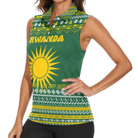 Rwanda Christmas Women Sleeveless Polo Shirt with Green-Yellow Pattern, National Emblem, and Radiant Sun Motif - Wonder Print Shop