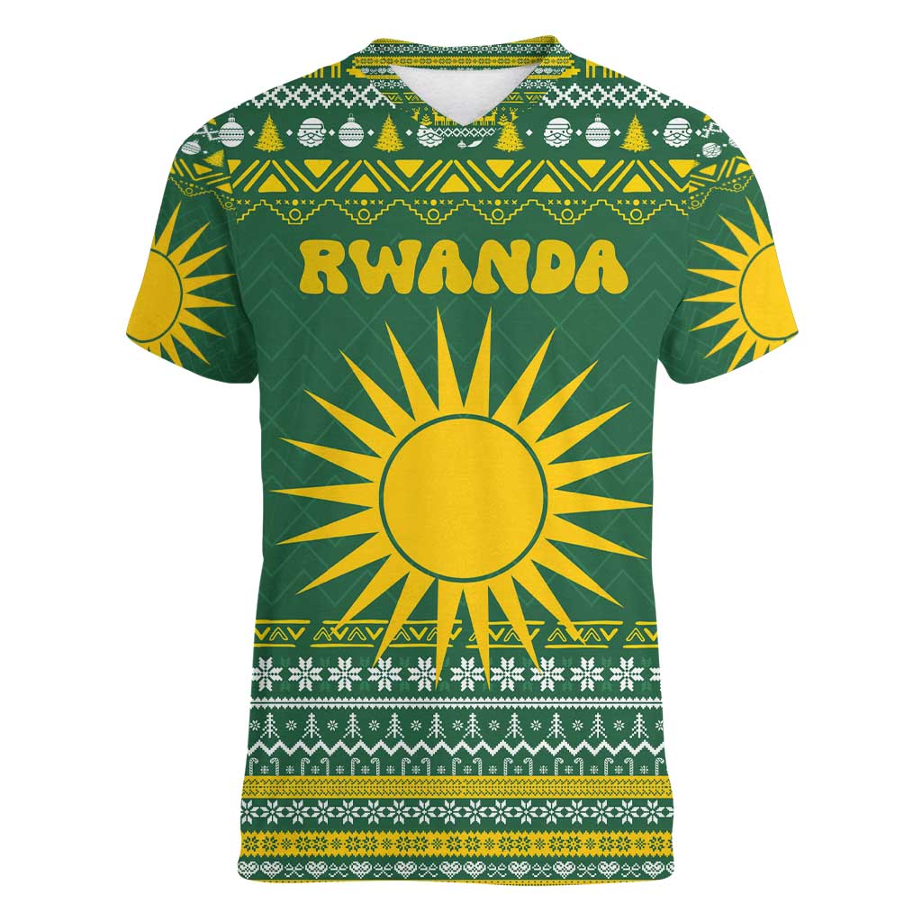 Rwanda Christmas Women V-Neck T-Shirt with Green-Yellow Pattern, National Emblem, and Radiant Sun Motif - Wonder Print Shop