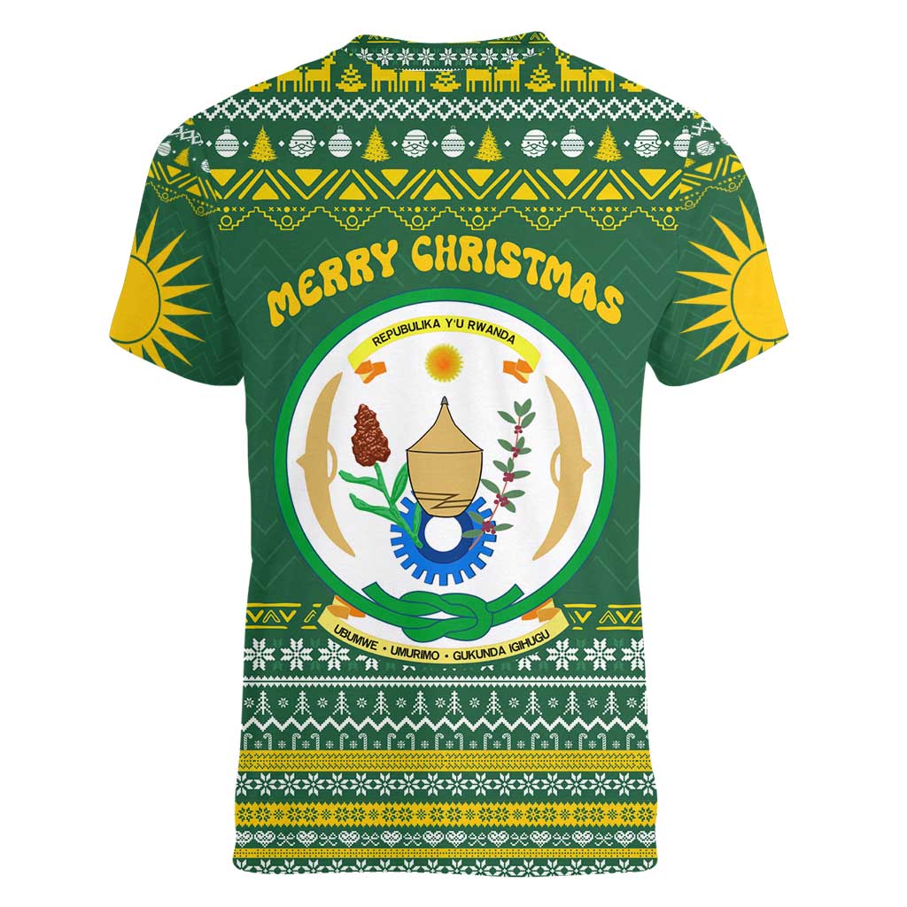Rwanda Christmas Women V-Neck T-Shirt with Green-Yellow Pattern, National Emblem, and Radiant Sun Motif - Wonder Print Shop