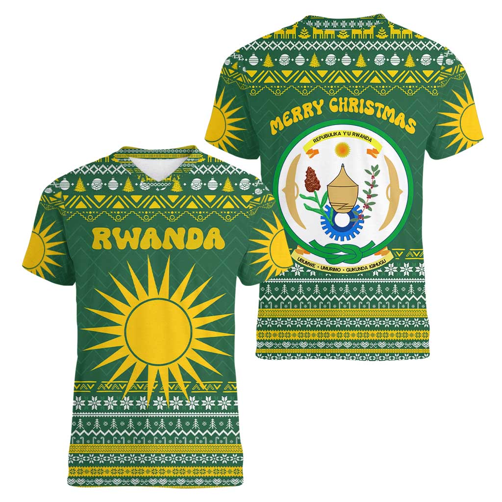 Rwanda Christmas Women V-Neck T-Shirt with Green-Yellow Pattern, National Emblem, and Radiant Sun Motif - Wonder Print Shop