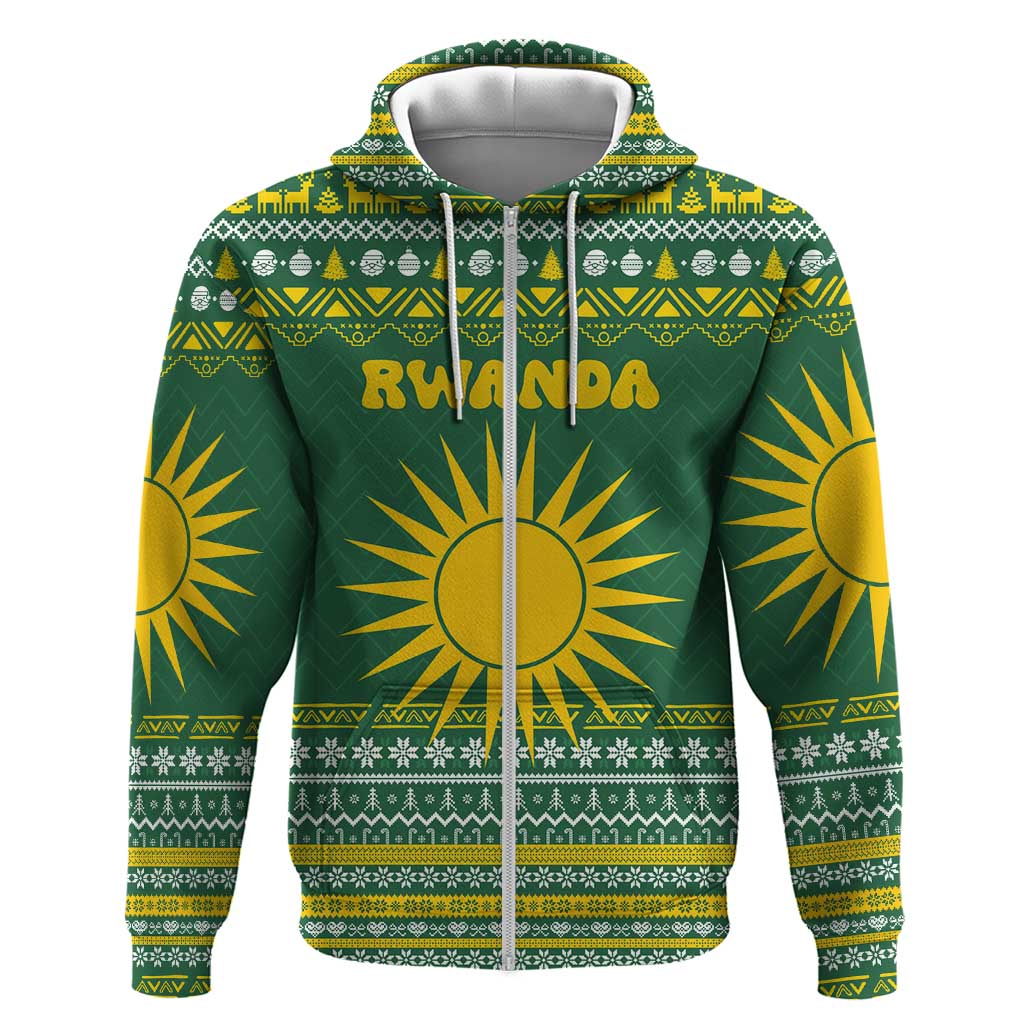 Rwanda Christmas Zip Hoodie with Green-Yellow Pattern, National Emblem, and Radiant Sun Motif - Wonder Print Shop