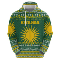 Rwanda Christmas Zip Hoodie with Green-Yellow Pattern, National Emblem, and Radiant Sun Motif - Wonder Print Shop