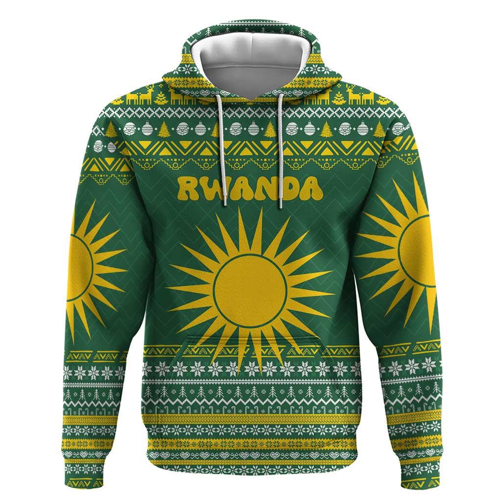 Rwanda Christmas Zip Hoodie with Green-Yellow Pattern, National Emblem, and Radiant Sun Motif - Wonder Print Shop