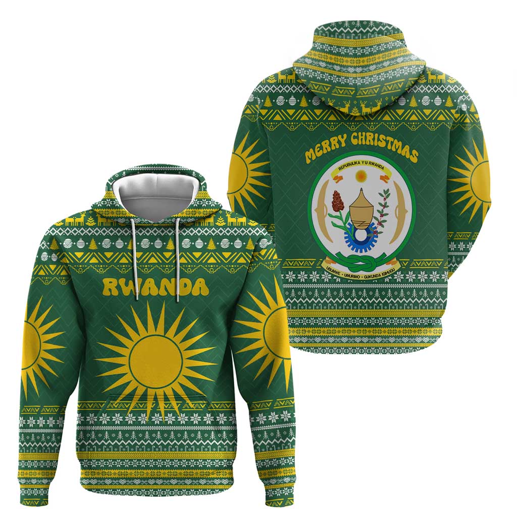 Rwanda Christmas Zip Hoodie with Green-Yellow Pattern, National Emblem, and Radiant Sun Motif - Wonder Print Shop