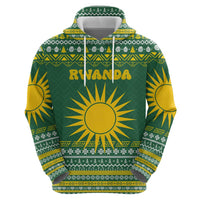 Rwanda Christmas Zip Hoodie with Green-Yellow Pattern, National Emblem, and Radiant Sun Motif - Wonder Print Shop