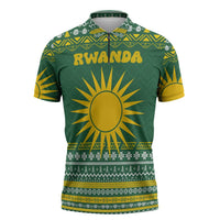 Rwanda Christmas Zipper Polo Shirt with Green-Yellow Pattern, National Emblem, and Radiant Sun Motif - Wonder Print Shop