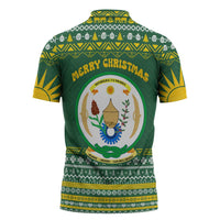 Rwanda Christmas Zipper Polo Shirt with Green-Yellow Pattern, National Emblem, and Radiant Sun Motif - Wonder Print Shop