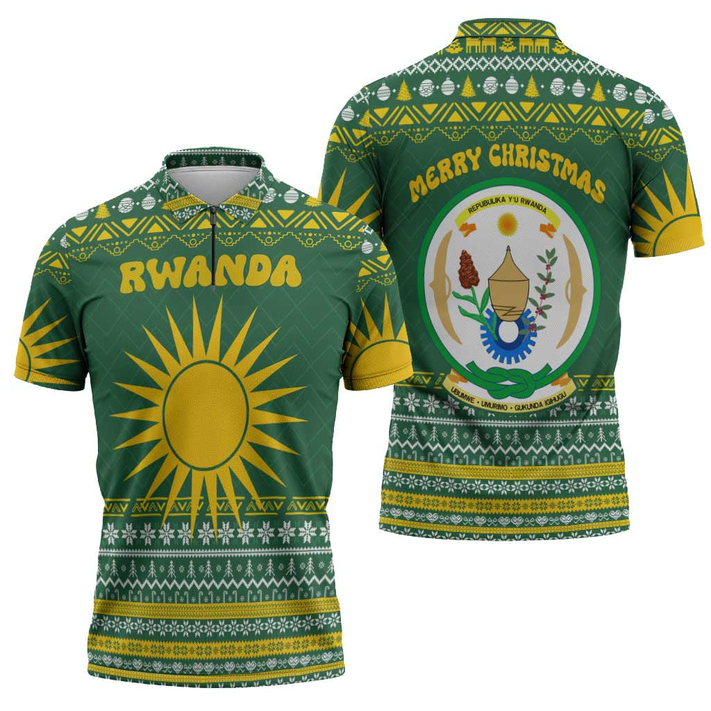 Rwanda Christmas Zipper Polo Shirt with Green-Yellow Pattern, National Emblem, and Radiant Sun Motif - Wonder Print Shop