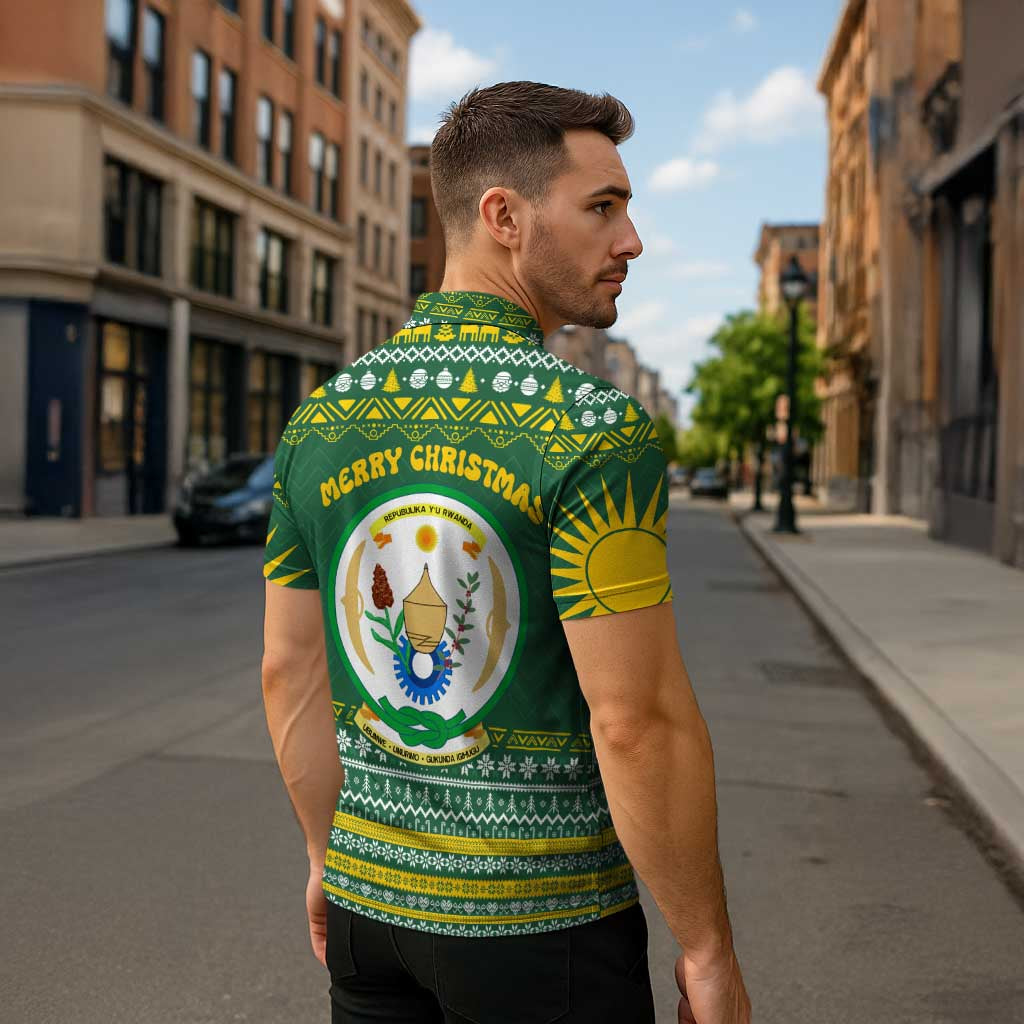 Rwanda Christmas Zipper Polo Shirt with Green-Yellow Pattern, National Emblem, and Radiant Sun Motif - Wonder Print Shop