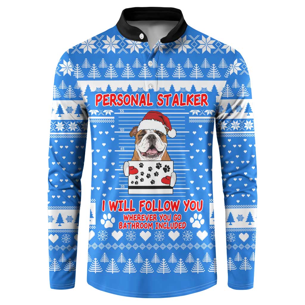 Christmas Stalker Bulldog Button Sweatshirt Xmas Holiday Patterns - Wonder Print Shop
