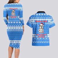Christmas Stalker Bulldog Couples Matching Long Sleeve Bodycon Dress and Hawaiian Shirt Xmas Holiday Patterns - Wonder Print Shop