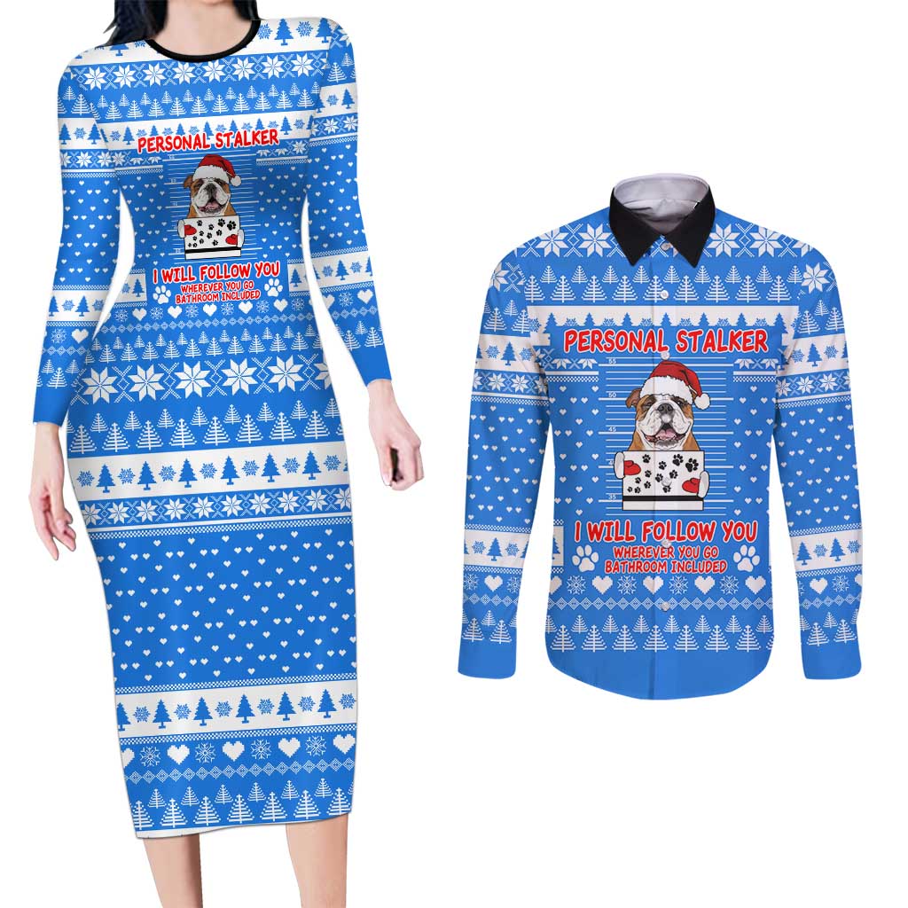 Christmas Stalker Bulldog Couples Matching Long Sleeve Bodycon Dress and Long Sleeve Button Shirt Xmas Holiday Patterns - Wonder Print Shop