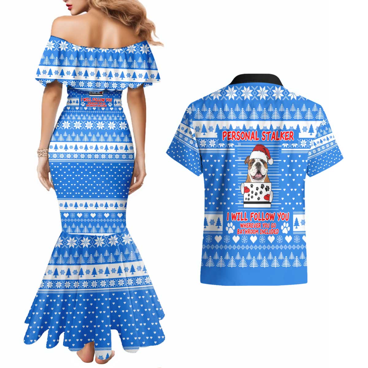 Christmas Stalker Bulldog Couples Matching Mermaid Dress and Hawaiian Shirt Xmas Holiday Patterns - Wonder Print Shop