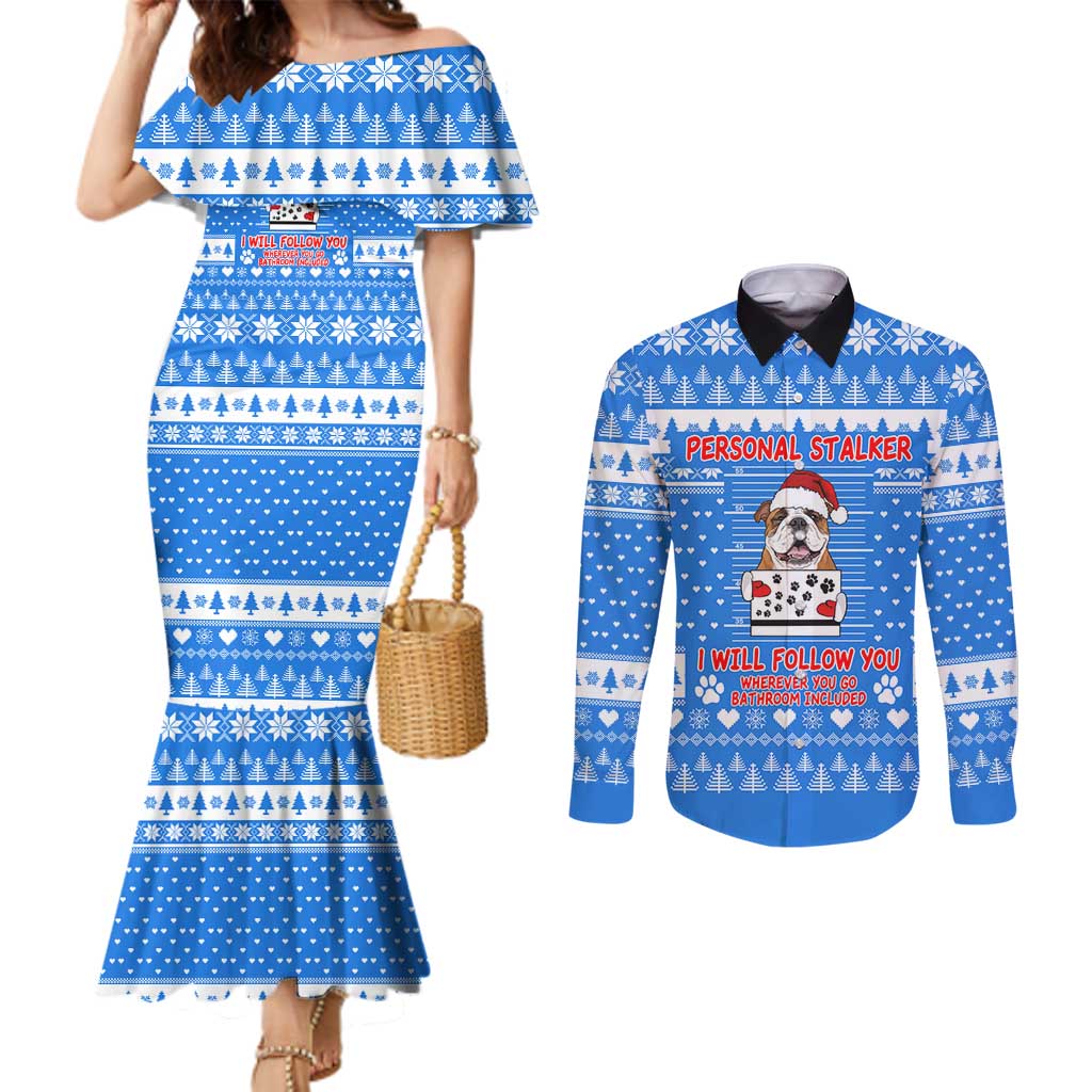 Christmas Stalker Bulldog Couples Matching Mermaid Dress and Long Sleeve Button Shirt Xmas Holiday Patterns - Wonder Print Shop
