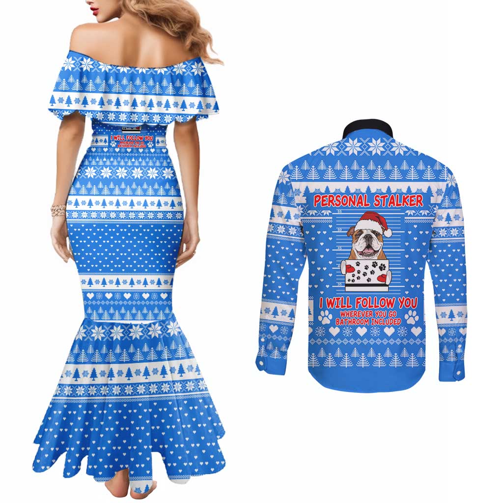Christmas Stalker Bulldog Couples Matching Mermaid Dress and Long Sleeve Button Shirt Xmas Holiday Patterns - Wonder Print Shop