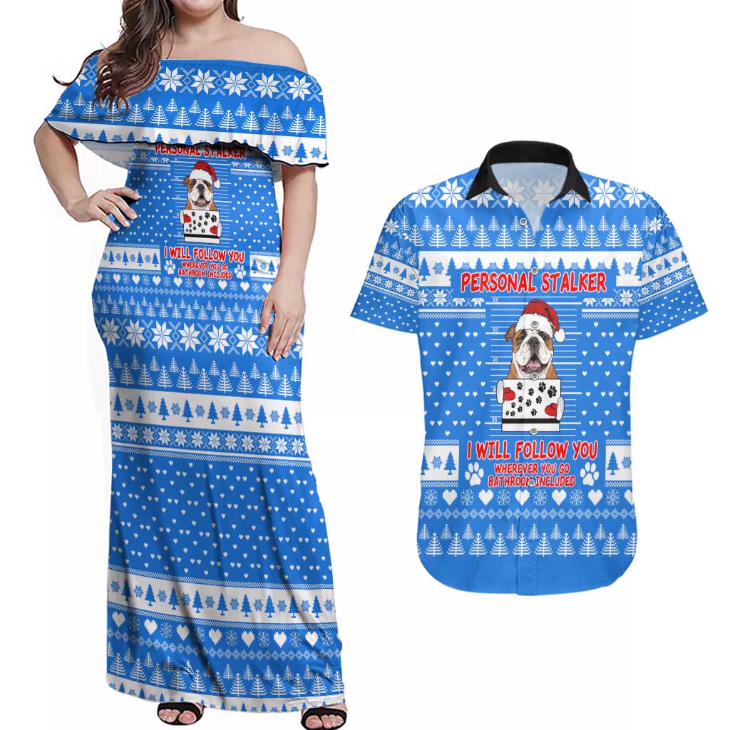 Christmas Stalker Bulldog Couples Matching Off Shoulder Maxi Dress and Hawaiian Shirt Xmas Holiday Patterns - Wonder Print Shop