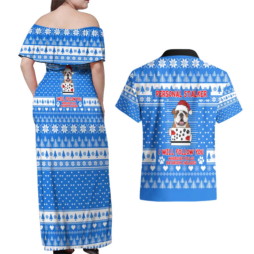 Christmas Stalker Bulldog Couples Matching Off Shoulder Maxi Dress and Hawaiian Shirt Xmas Holiday Patterns - Wonder Print Shop