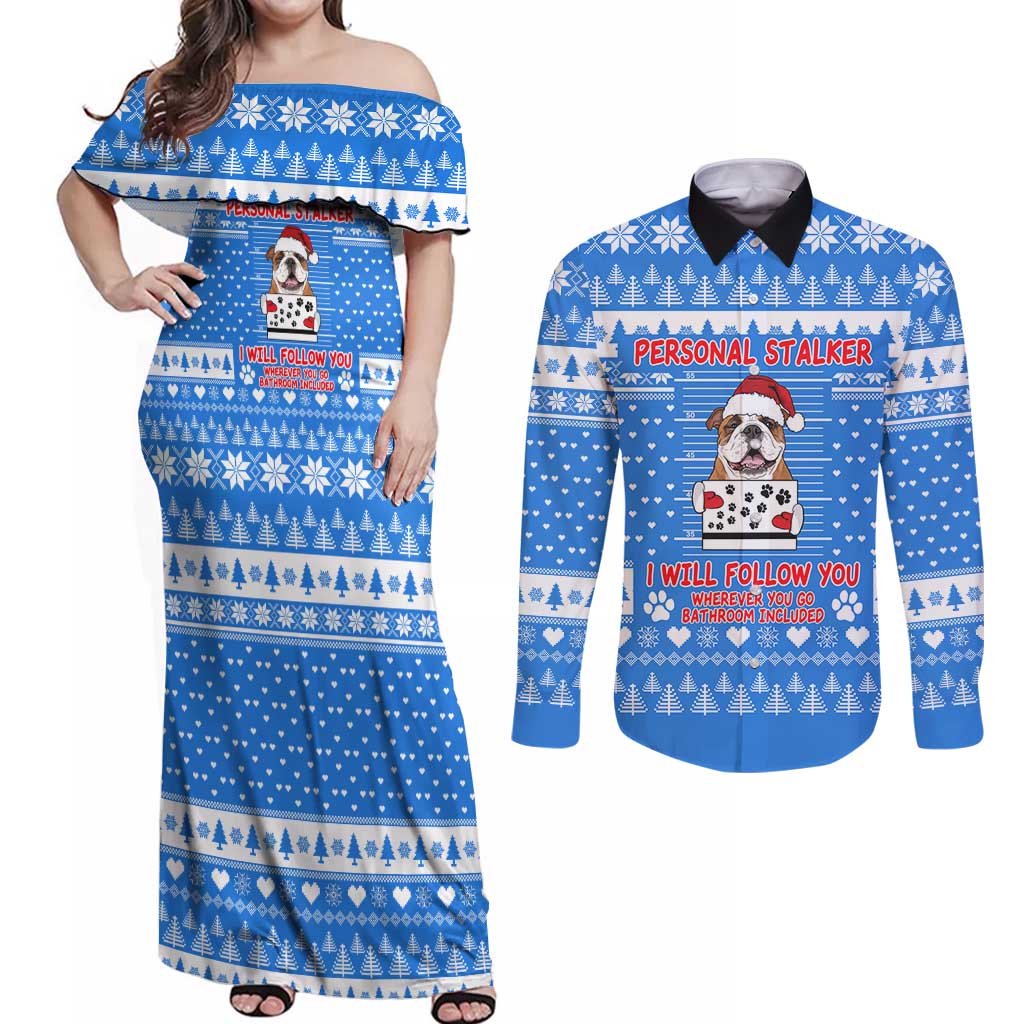 Christmas Stalker Bulldog Couples Matching Off Shoulder Maxi Dress and Long Sleeve Button Shirt Xmas Holiday Patterns - Wonder Print Shop
