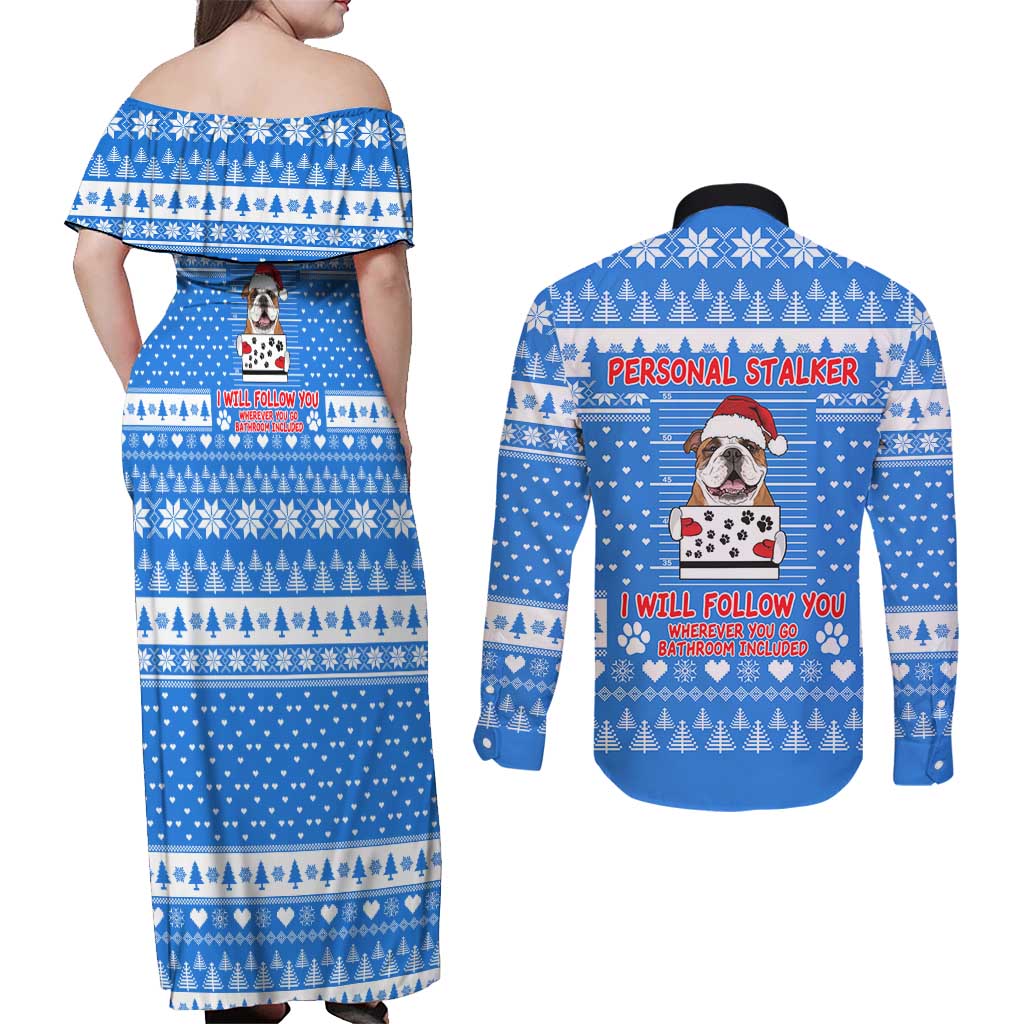 Christmas Stalker Bulldog Couples Matching Off Shoulder Maxi Dress and Long Sleeve Button Shirt Xmas Holiday Patterns - Wonder Print Shop