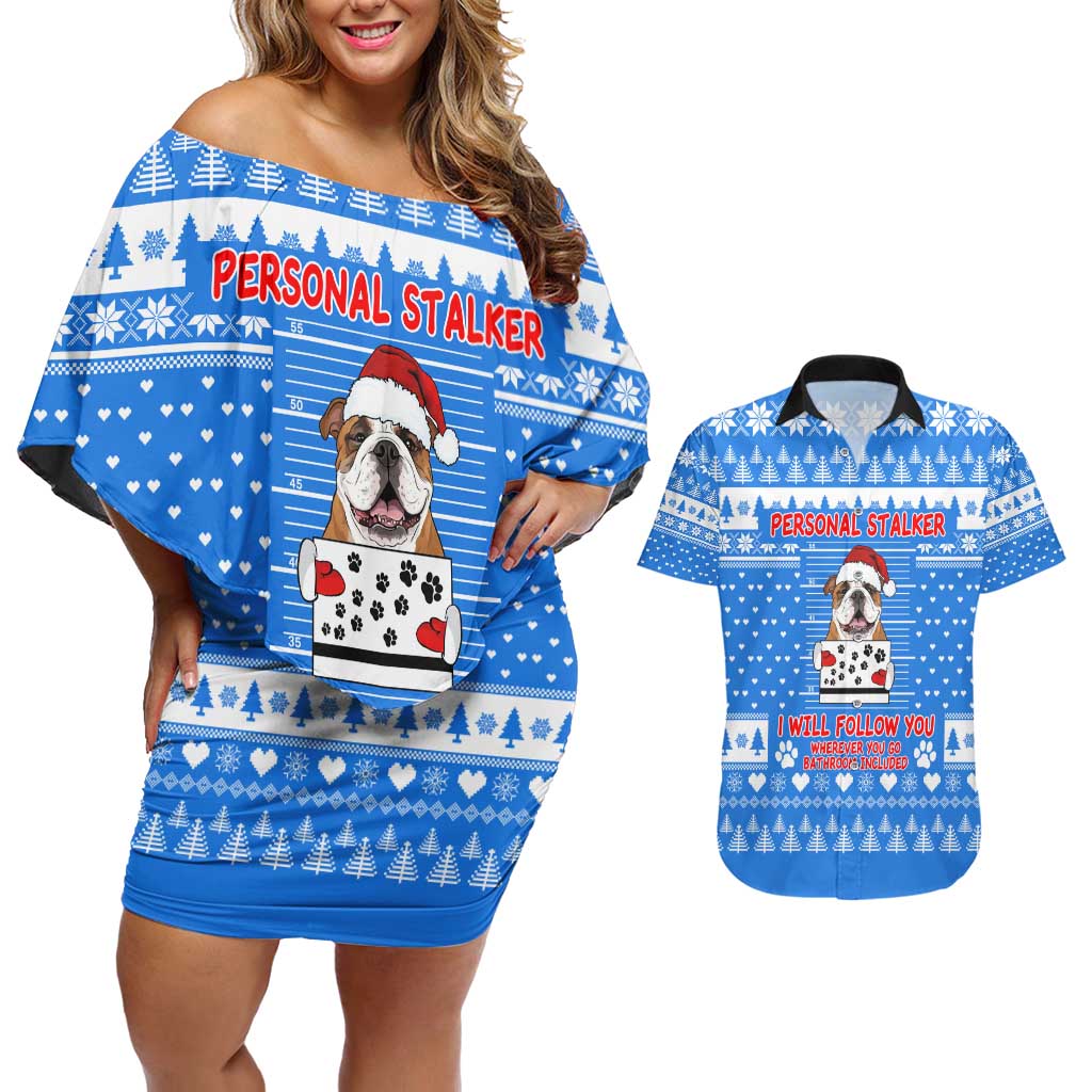 Christmas Stalker Bulldog Couples Matching Off Shoulder Short Dress and Hawaiian Shirt Xmas Holiday Patterns - Wonder Print Shop