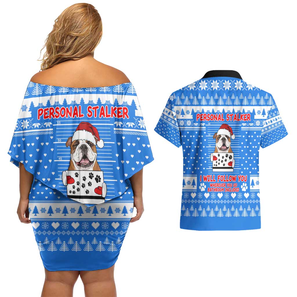 Christmas Stalker Bulldog Couples Matching Off Shoulder Short Dress and Hawaiian Shirt Xmas Holiday Patterns - Wonder Print Shop