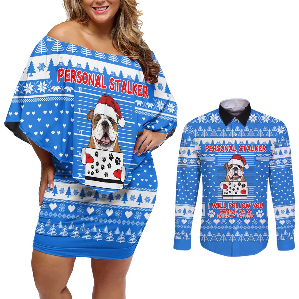 Christmas Stalker Bulldog Couples Matching Off Shoulder Short Dress and Long Sleeve Button Shirt Xmas Holiday Patterns - Wonder Print Shop