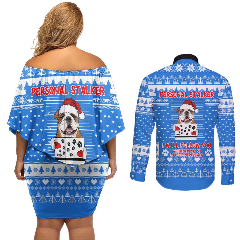 Christmas Stalker Bulldog Couples Matching Off Shoulder Short Dress and Long Sleeve Button Shirt Xmas Holiday Patterns - Wonder Print Shop