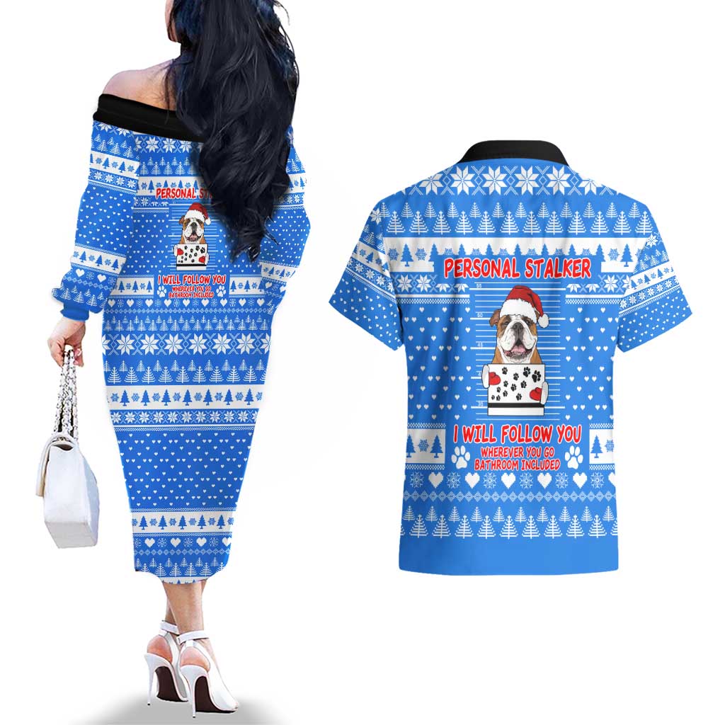 Christmas Stalker Bulldog Couples Matching Off The Shoulder Long Sleeve Dress and Hawaiian Shirt Xmas Holiday Patterns - Wonder Print Shop