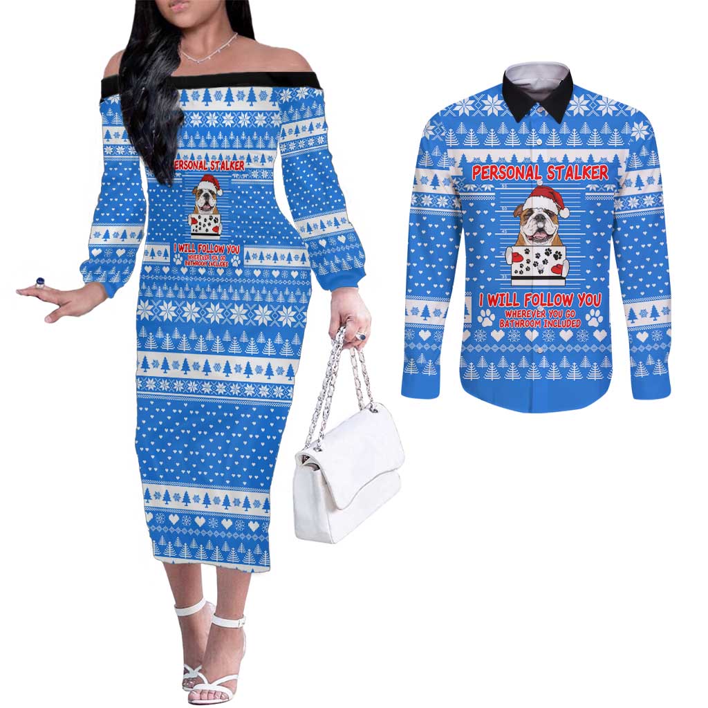Christmas Stalker Bulldog Couples Matching Off The Shoulder Long Sleeve Dress and Long Sleeve Button Shirt Xmas Holiday Patterns - Wonder Print Shop