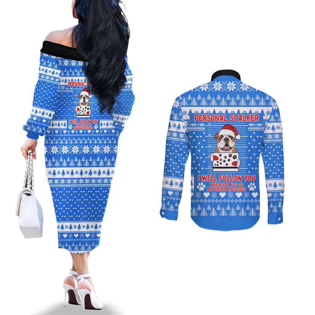 Christmas Stalker Bulldog Couples Matching Off The Shoulder Long Sleeve Dress and Long Sleeve Button Shirt Xmas Holiday Patterns - Wonder Print Shop