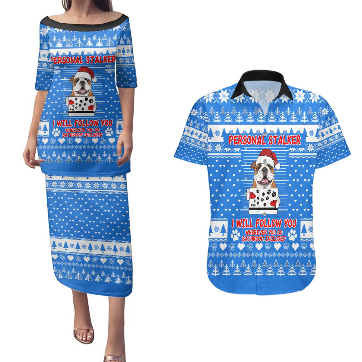 Christmas Stalker Bulldog Couples Matching Puletasi and Hawaiian Shirt Xmas Holiday Patterns - Wonder Print Shop