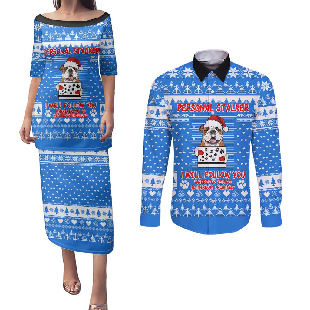 Christmas Stalker Bulldog Couples Matching Puletasi and Long Sleeve Button Shirt Xmas Holiday Patterns - Wonder Print Shop