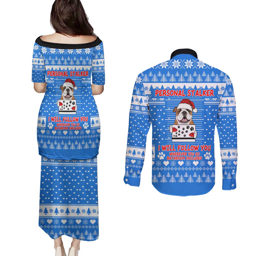 Christmas Stalker Bulldog Couples Matching Puletasi and Long Sleeve Button Shirt Xmas Holiday Patterns - Wonder Print Shop