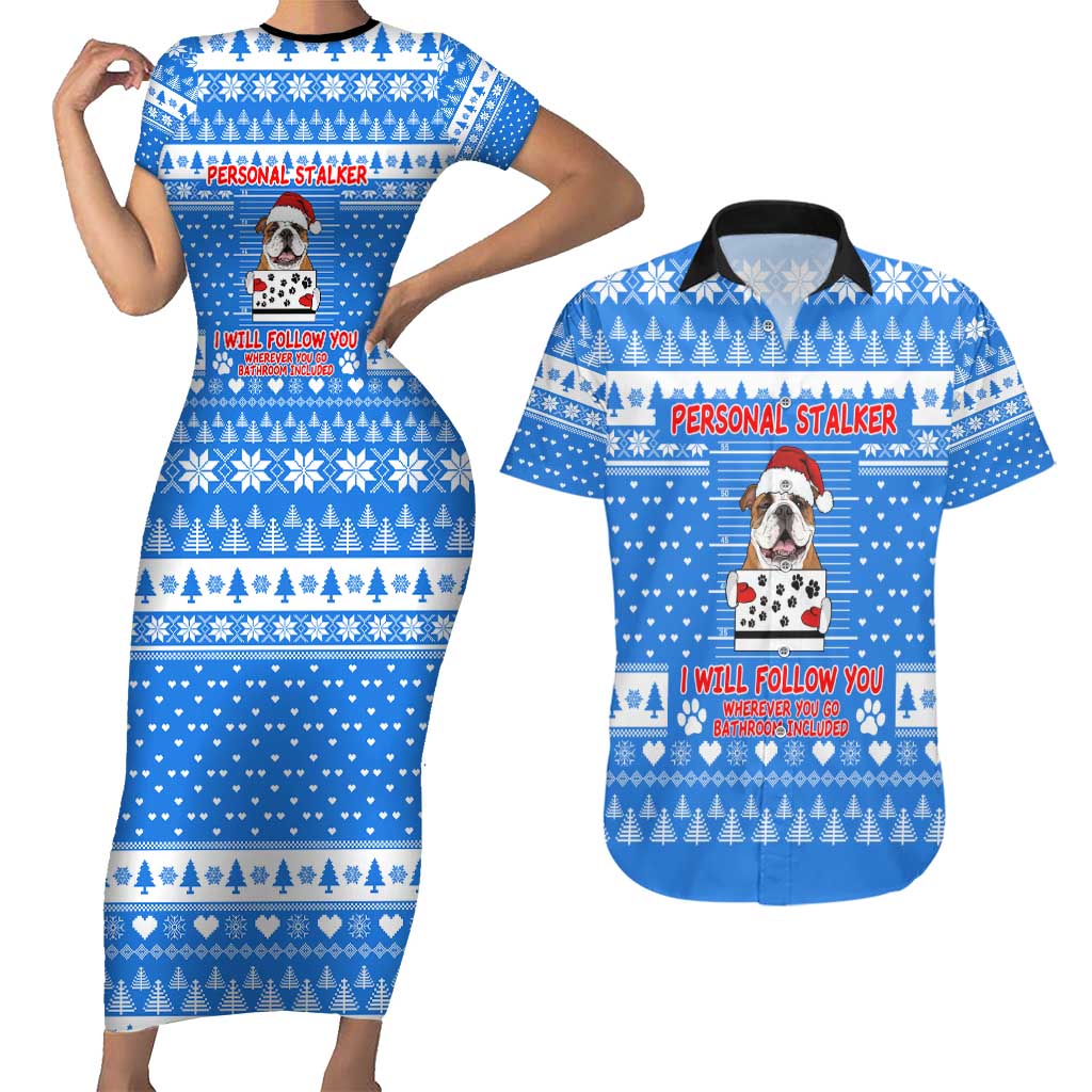 Christmas Stalker Bulldog Couples Matching Short Sleeve Bodycon Dress and Hawaiian Shirt Xmas Holiday Patterns - Wonder Print Shop