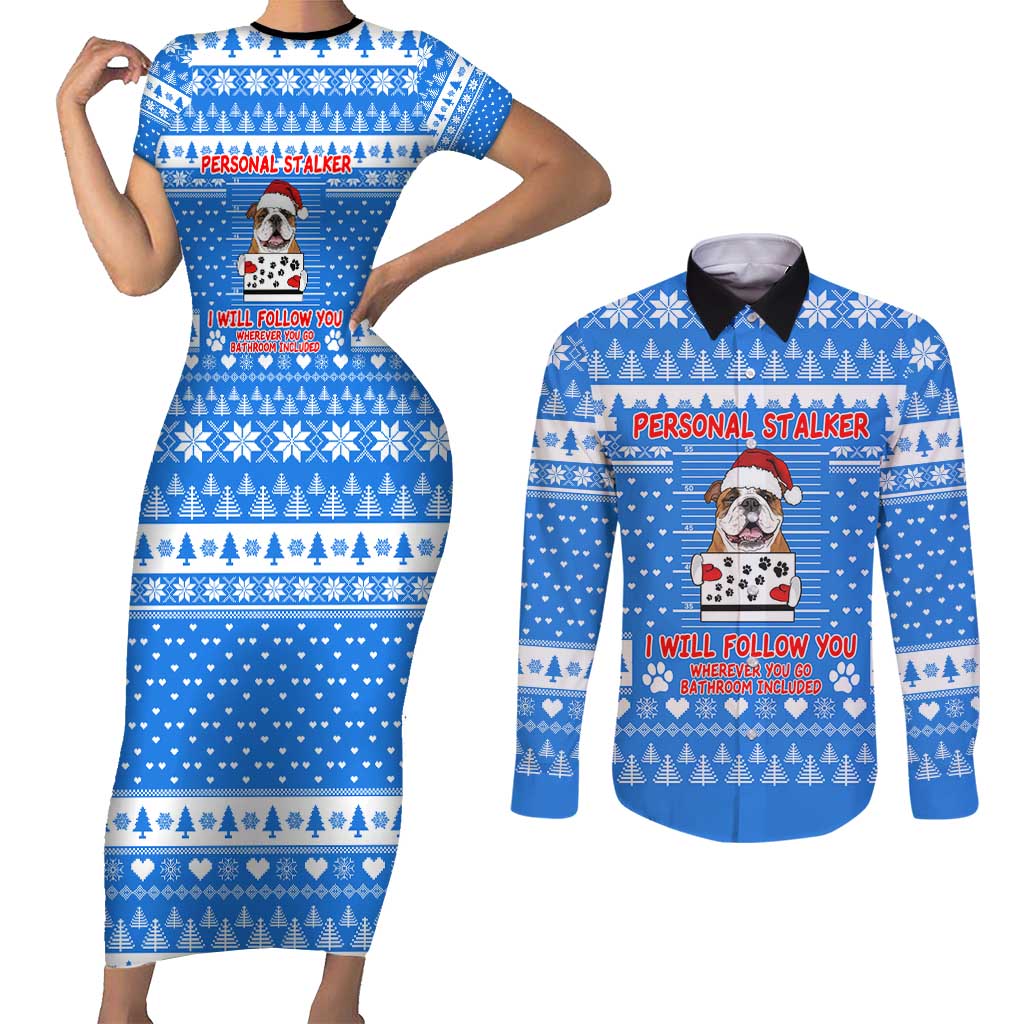 Christmas Stalker Bulldog Couples Matching Short Sleeve Bodycon Dress and Long Sleeve Button Shirt Xmas Holiday Patterns - Wonder Print Shop