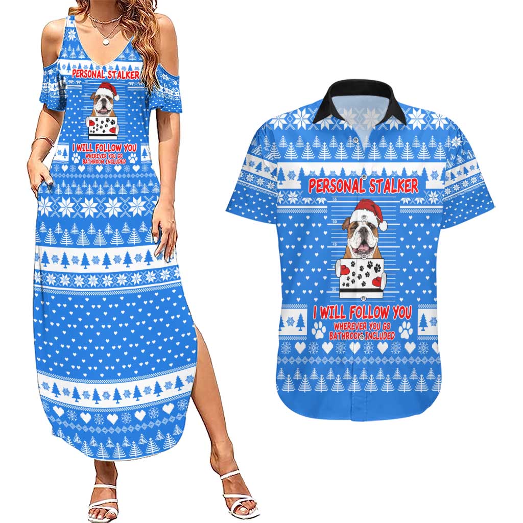 Christmas Stalker Bulldog Couples Matching Summer Maxi Dress and Hawaiian Shirt Xmas Holiday Patterns - Wonder Print Shop