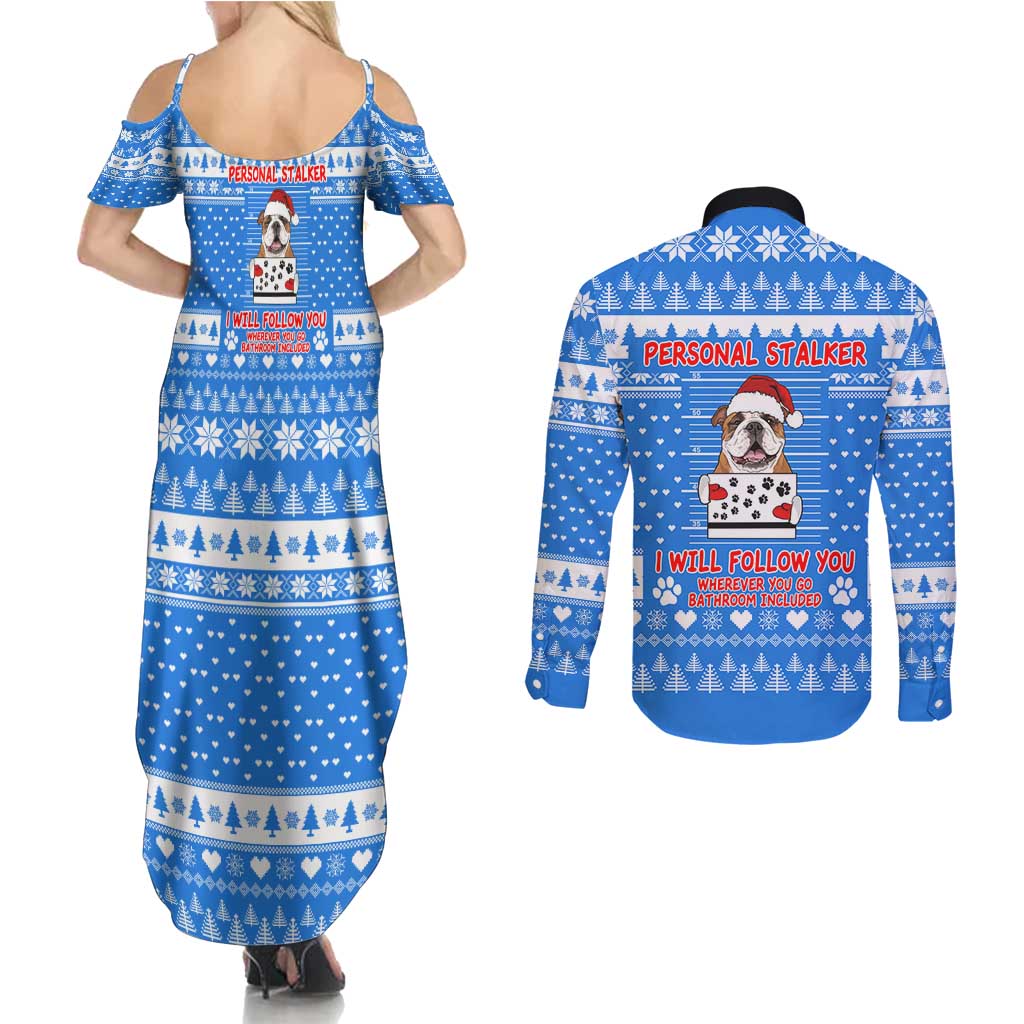 Christmas Stalker Bulldog Couples Matching Summer Maxi Dress and Long Sleeve Button Shirt Xmas Holiday Patterns - Wonder Print Shop