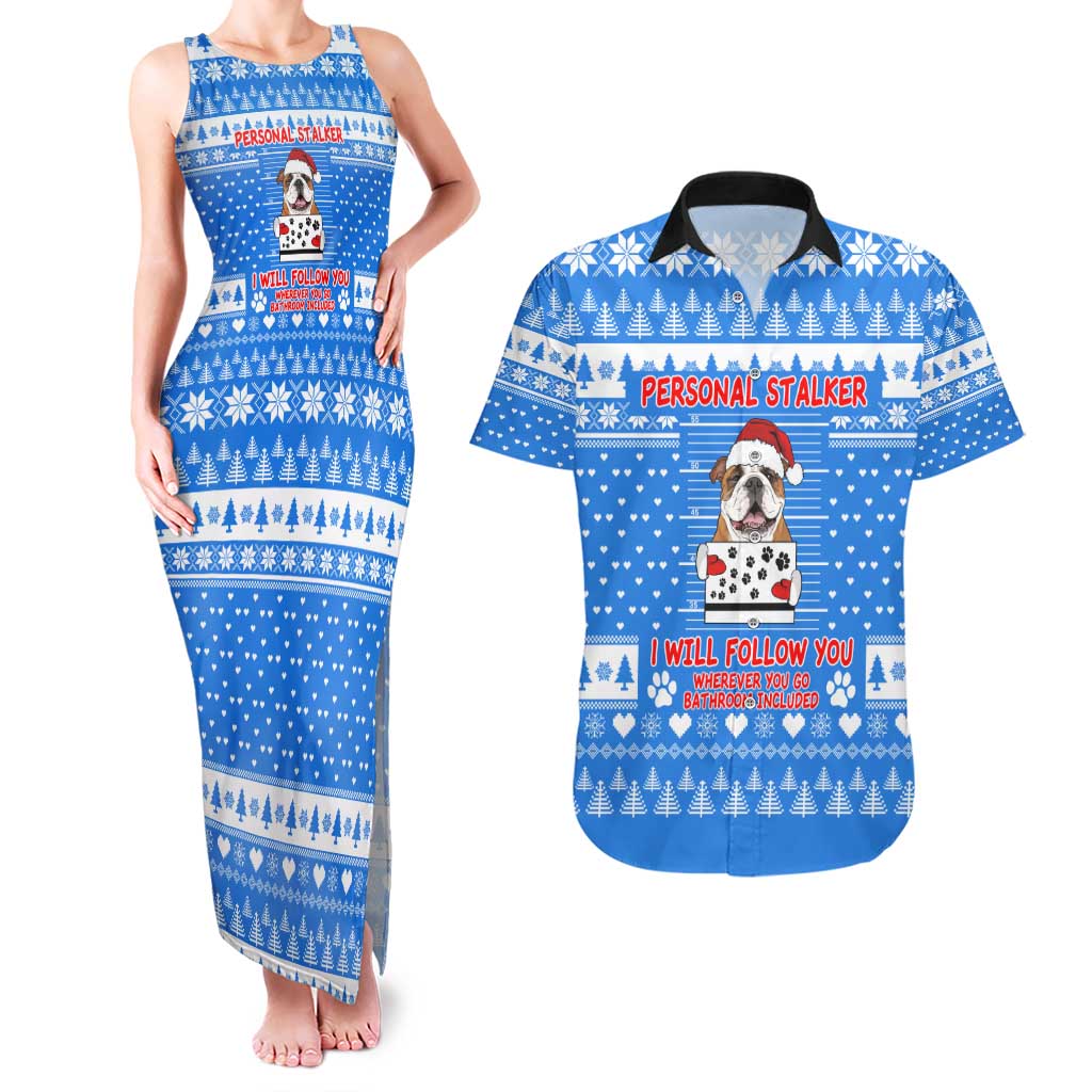 Christmas Stalker Bulldog Couples Matching Tank Maxi Dress and Hawaiian Shirt Xmas Holiday Patterns - Wonder Print Shop