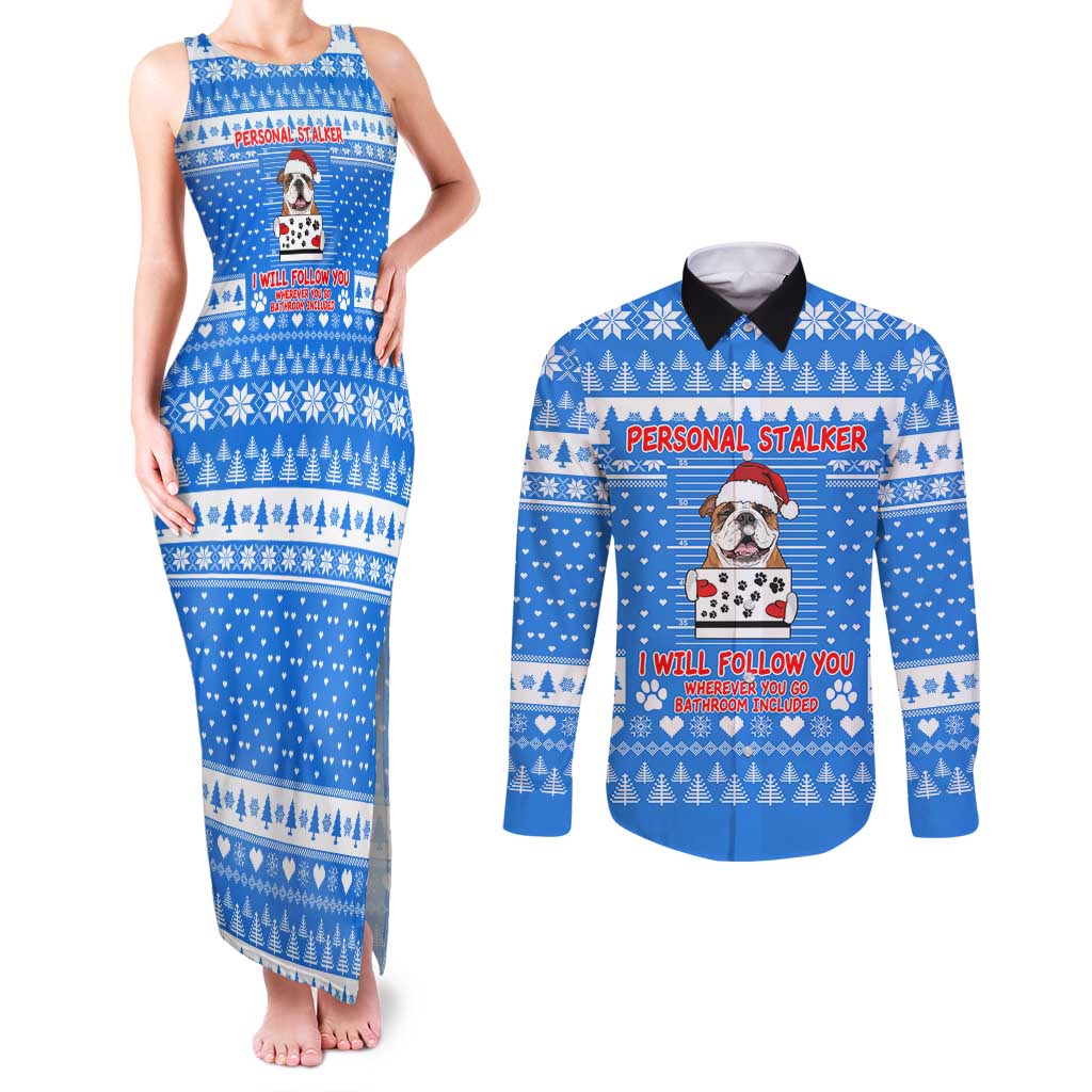 Christmas Stalker Bulldog Couples Matching Tank Maxi Dress and Long Sleeve Button Shirt Xmas Holiday Patterns - Wonder Print Shop