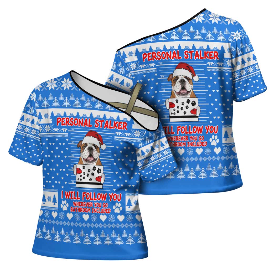 Christmas Stalker Bulldog Cross Shoulder Shirt Xmas Holiday Patterns - Wonder Print Shop