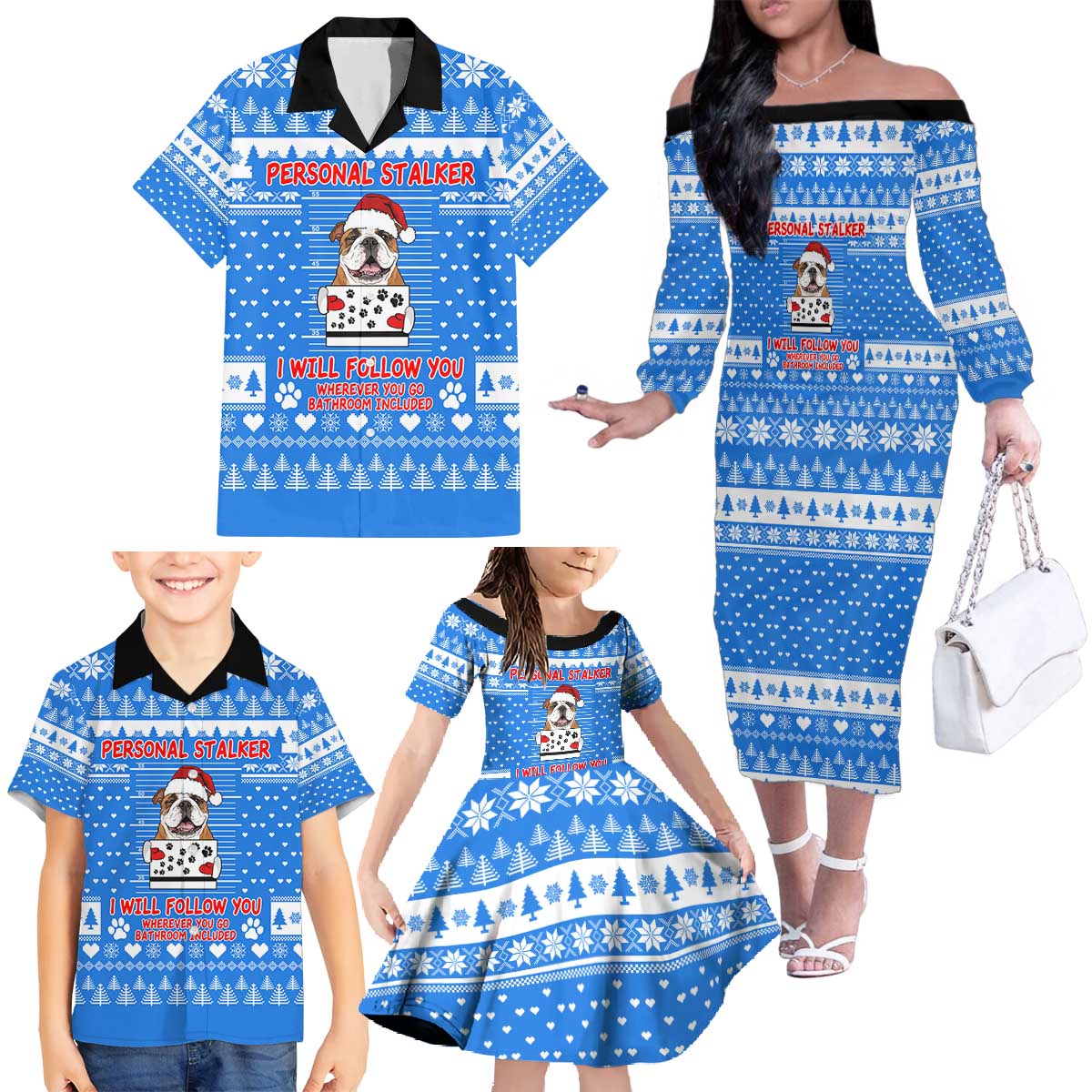 Christmas Stalker Bulldog Family Matching Off The Shoulder Long Sleeve Dress and Hawaiian Shirt Xmas Holiday Patterns - Wonder Print Shop