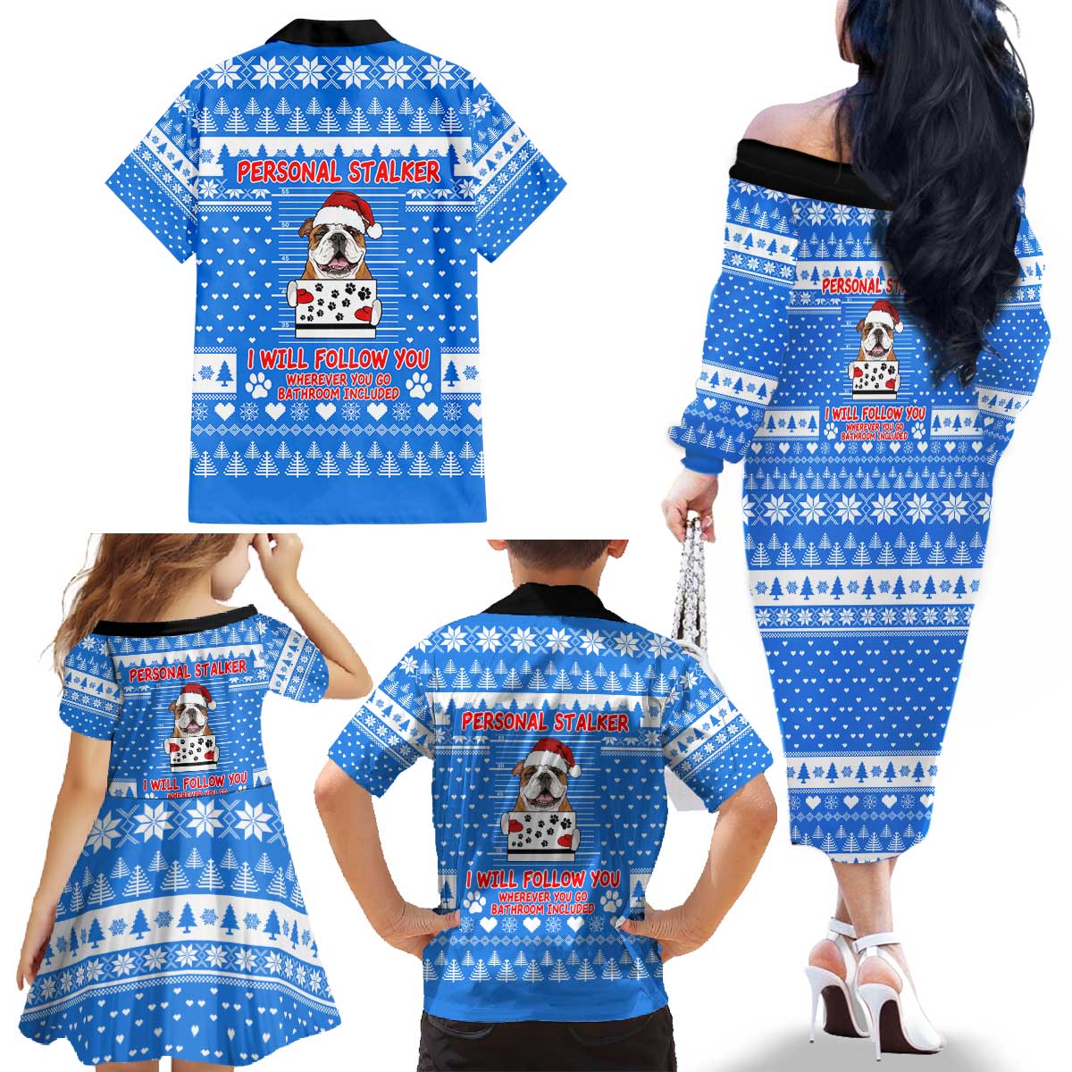 Christmas Stalker Bulldog Family Matching Off The Shoulder Long Sleeve Dress and Hawaiian Shirt Xmas Holiday Patterns - Wonder Print Shop
