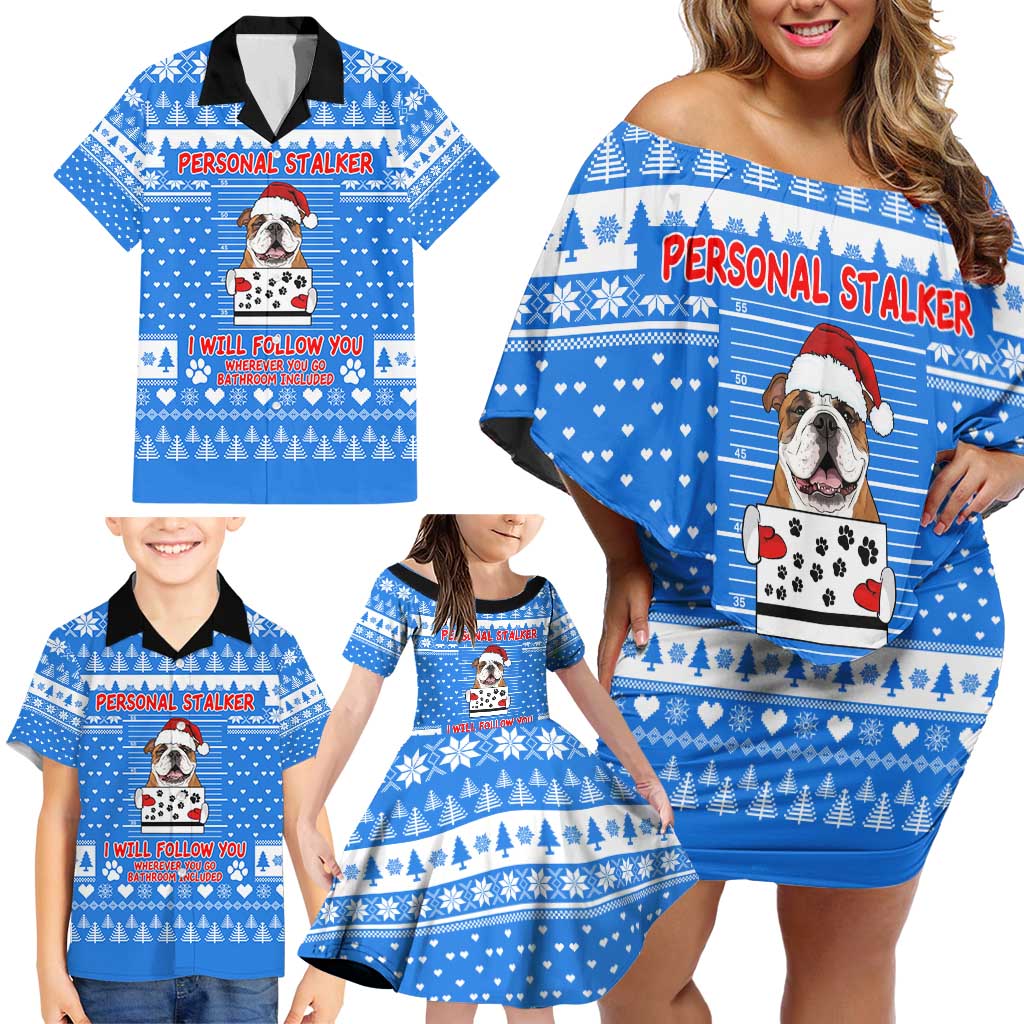 Christmas Stalker Bulldog Family Matching Off Shoulder Short Dress and Hawaiian Shirt Xmas Holiday Patterns - Wonder Print Shop
