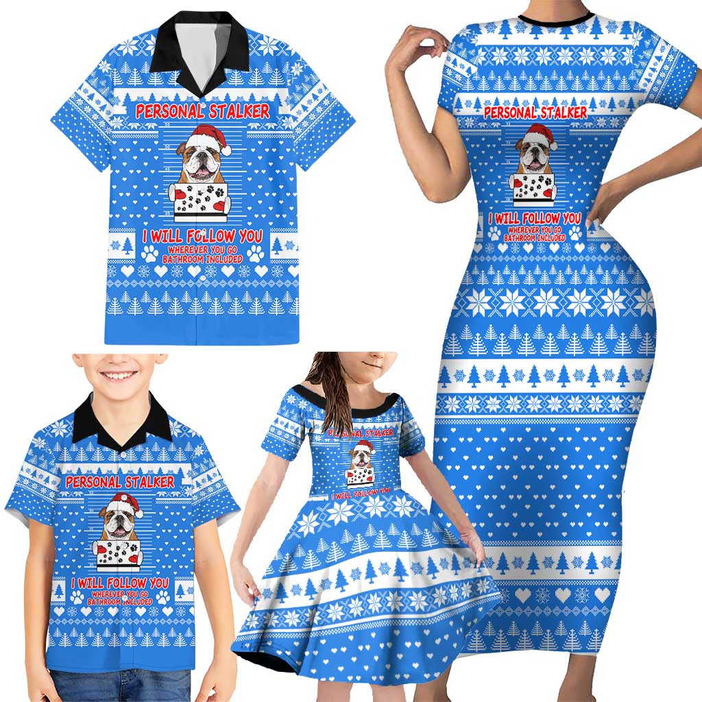 Christmas Stalker Bulldog Family Matching Short Sleeve Bodycon Dress and Hawaiian Shirt Xmas Holiday Patterns - Wonder Print Shop