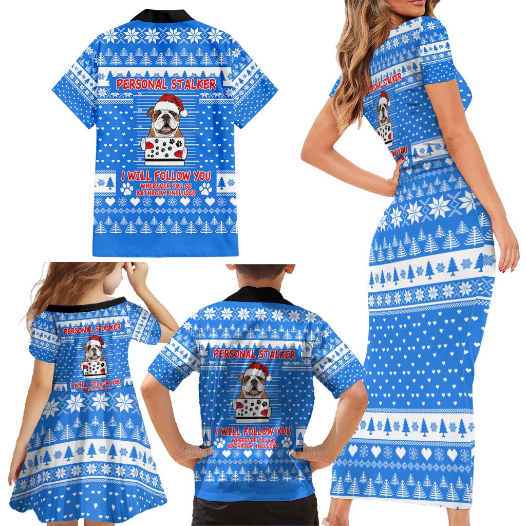 Christmas Stalker Bulldog Family Matching Short Sleeve Bodycon Dress and Hawaiian Shirt Xmas Holiday Patterns - Wonder Print Shop