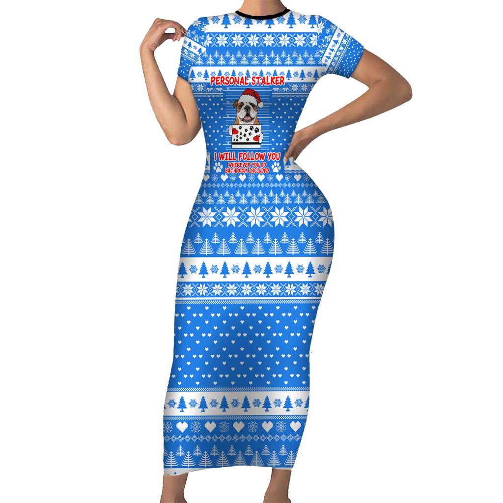 Christmas Stalker Bulldog Family Matching Short Sleeve Bodycon Dress and Hawaiian Shirt Xmas Holiday Patterns - Wonder Print Shop